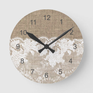 Reloj Redondo Mediano Rústico vintage burlap beige y encaje blanco