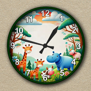 Reloj Redondo Mediano Safari de Animales Personalizable para Niños