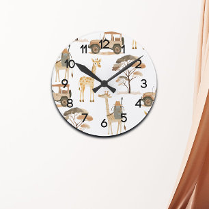 Reloj Redondo Mediano Safari de selva con patrón de guardería de jirafas
