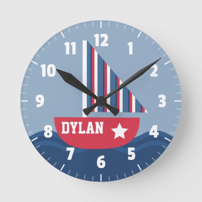 Reloj Redondo Mediano Sala Cute Nautical Para Niños (Anverso)