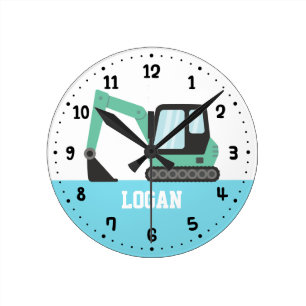 Reloj Redondo Mediano Sala infantil excavadora de construcción verde