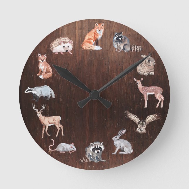 Reloj Redondo Mediano Sala para niños de animales Woodland Conejo Fox (Anverso)