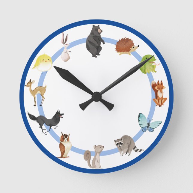 Reloj Redondo Mediano Sala para niños de animales Woodland Conejo Fox (Anverso)