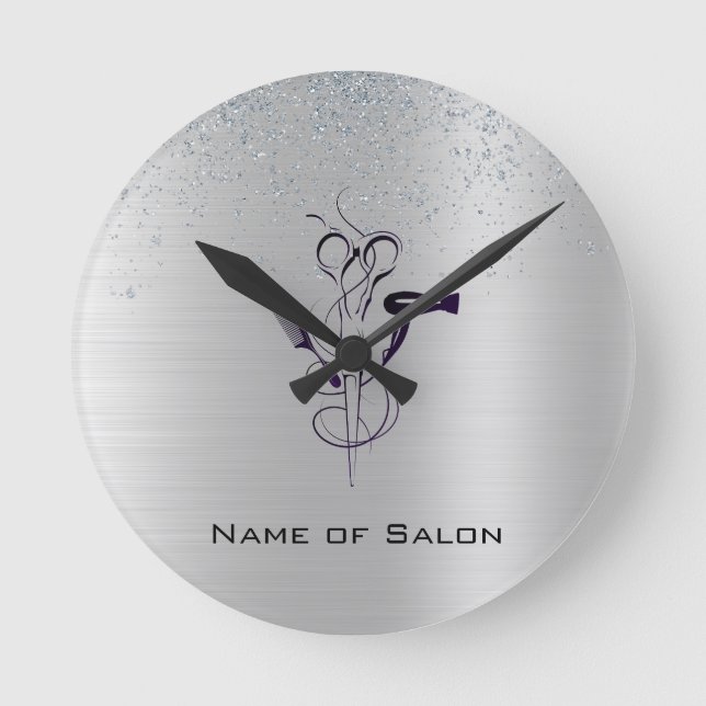 Reloj Redondo Mediano Salón de Belleza Silver Glitter (Anverso)
