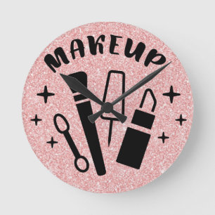 Reloj Redondo Mediano Salón Temático de Maquillaje con Brillo Rosa