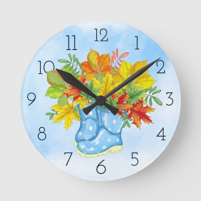 Reloj Redondo Mediano Saltos de lluvia azul Polka-dot caen hojas (Anverso)