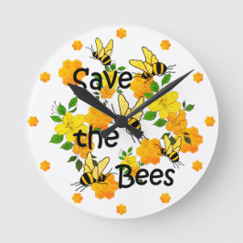 Reloj Redondo Mediano Salva las abejas, Panal y Flores Amarillas