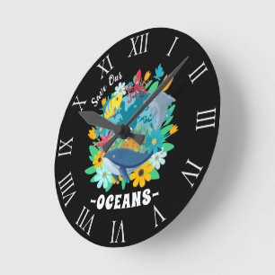 Reloj Redondo Mediano Salva nuestros océanos Flor Ballena Diseño Colorid