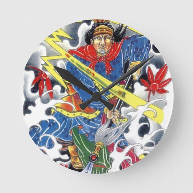 Reloj Redondo Mediano Samurai japonés con diseño de tatuajes de Spear (Anverso)