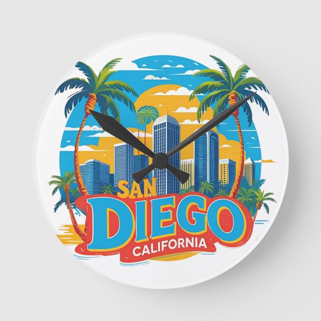 Reloj Redondo Mediano San Diego California Skyline–Modern Cityscape Art (Anverso)