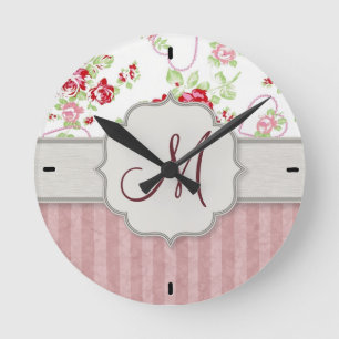 Reloj Redondo Mediano San Valentín - Monograma Corazón, Rosas y Rayas