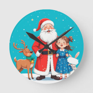 Reloj Redondo Mediano Santa Claus feliz con doncella de nieve