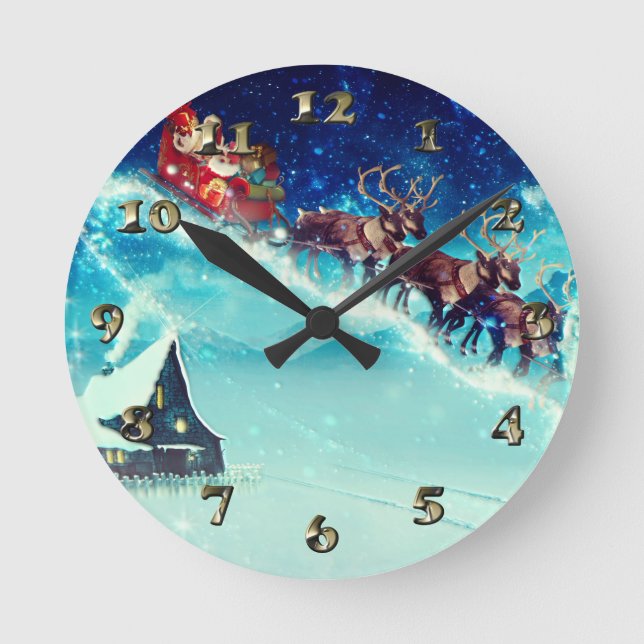 Reloj Redondo Mediano Santa Claus Flying with Reindeer (Anverso)