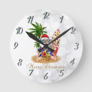 Reloj Redondo Mediano Santa Claus genial,Palmera,Bokeh de playa