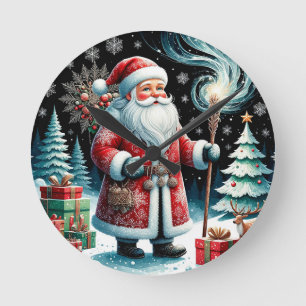 Reloj Redondo Mediano Santa Claus tradicional en escena invernal festiva