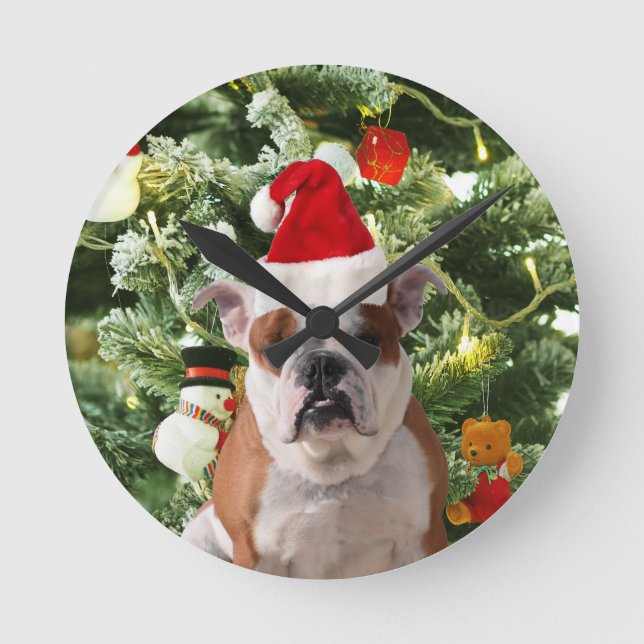 Reloj Redondo Mediano Santa Hat Bulldog Árbol de Navidad Snowman Gift Bo (Anverso)