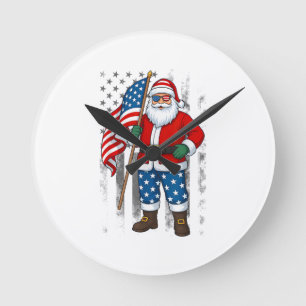 Reloj Redondo Mediano Santa USA Bandera Americana Navidad En Julio Feliz