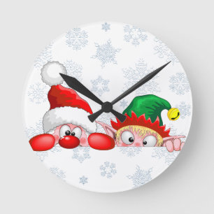 Reloj Redondo Mediano Santa y Elf Cute y graciosos personajes Peeking