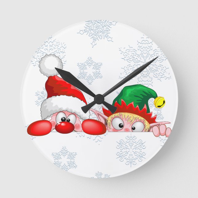 Reloj Redondo Mediano Santa y Elf Cute y graciosos personajes Peeking (Anverso)