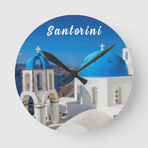 Reloj Redondo Mediano Santorini con iglesia azul y blanca