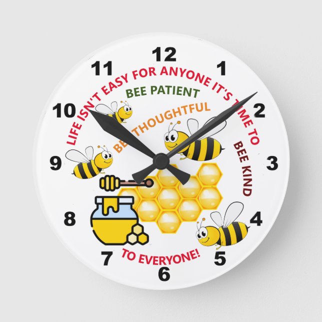 Reloj Redondo Mediano Sé paciente, reflexivo y amable, abeja de miel (Anverso)
