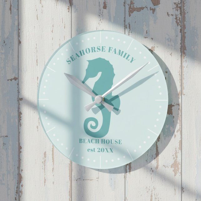 Reloj Redondo Mediano Seahorse Beach House Year Est Wall Clock (A fun clock for your beach house featuring a seahorse silhouette. Just add your name and year)