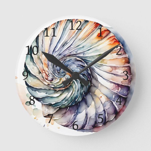 Reloj Redondo Mediano Seashell Shell Nautilus Design 357 Acuarela (Anverso)