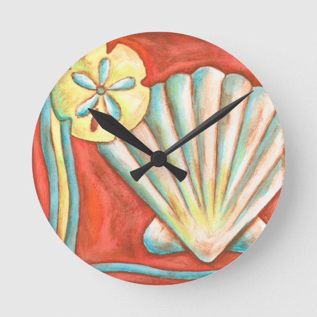 Reloj Redondo Mediano Seashells anaranjados rústicos (Anverso)