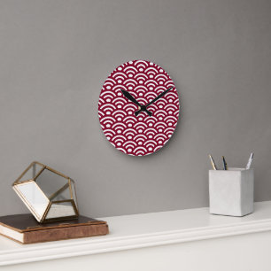 Reloj Redondo Mediano Seigaiha, olas, japonés, burdeos y blanco