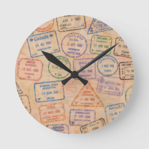 Reloj Redondo Mediano Sellos de pasaporte vintage coloridos Efímera de v