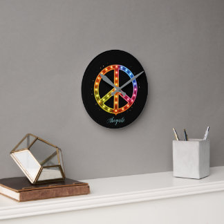 Reloj Redondo Mediano Señal de Paz Luces de Neón Unisex