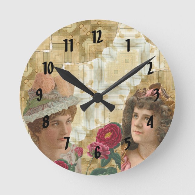 Reloj Redondo Mediano Señoras de la época en el collage manchado de café (Anverso)