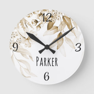 Reloj Redondo Mediano Sépia Guardería Bebé Arte Holandés Acuarela Floral