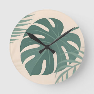 Reloj Redondo Mediano Serenidad Botánica de Hoja de Monstera Tropical