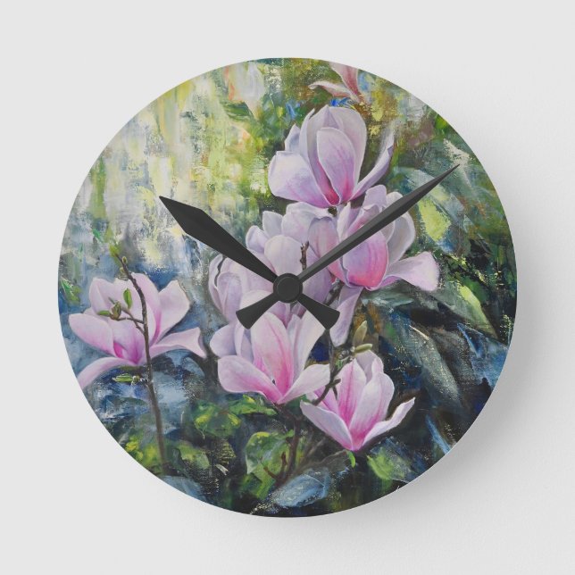 Reloj Redondo Mediano Serenidad de Magnolia - Arte floral de Lukian (Anverso)