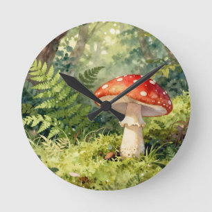 Reloj Redondo Mediano Seta Amanita Moscaria Acuarela Escena del Bosque