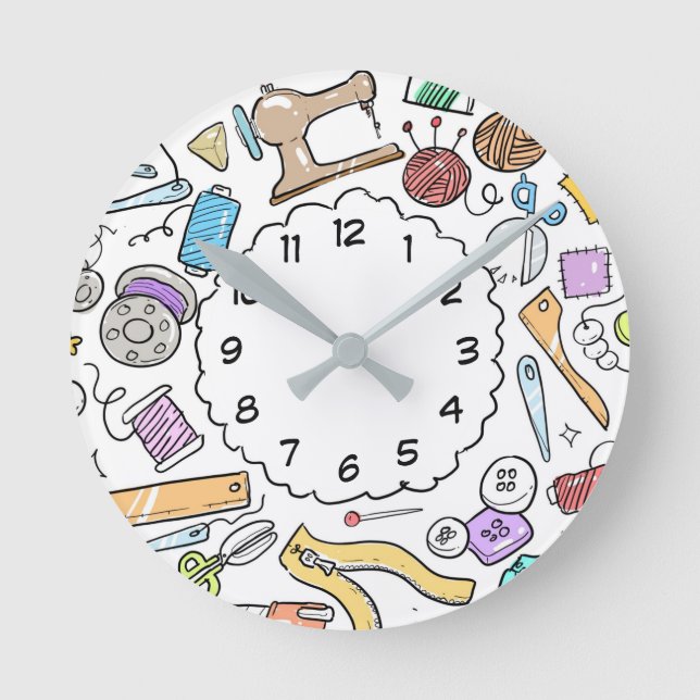Reloj Redondo Mediano Sewing Doodles Craft Room (Anverso)