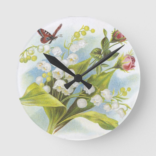 Reloj Redondo Mediano Shabby Chic Butterfly, Rosas y Lily del Valle (Anverso)