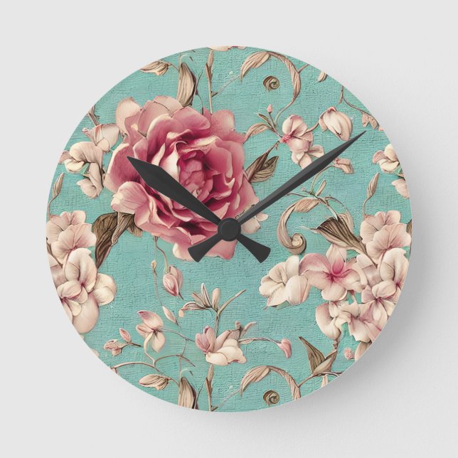 Reloj Redondo Mediano Shabby Chic Pink and White Florals on Teal (Anverso)