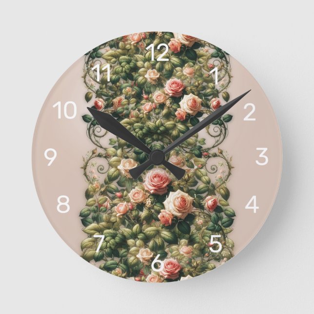 Reloj Redondo Mediano Shabby Chic Rosa Vines Floral Elegante (Anverso)