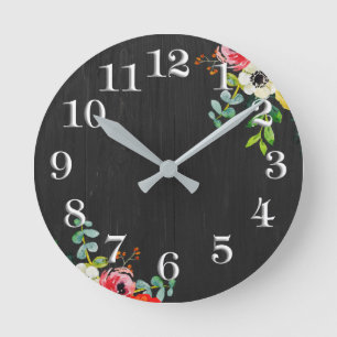 Reloj Redondo Mediano Shabby Chic Weathered Wood Floral Black Clock