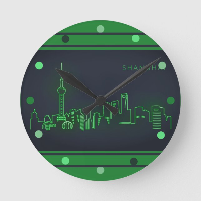 Reloj Redondo Mediano Shanghái Skyline Green Neon Look Cityscape Wall (Anverso)