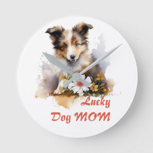 Reloj Redondo Mediano Shetland Sheepdog Puppy Mascota Flor acuática