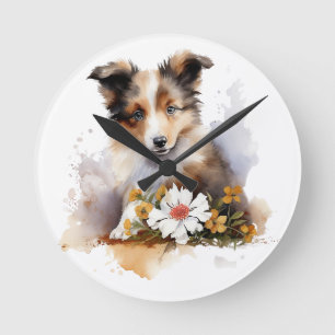 Reloj Redondo Mediano Shetland Sheepdog Puppy Mascota Flor acuática