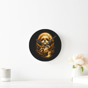 Reloj Redondo Mediano Shih Tzu Aullando a La Luna Perro Divertido