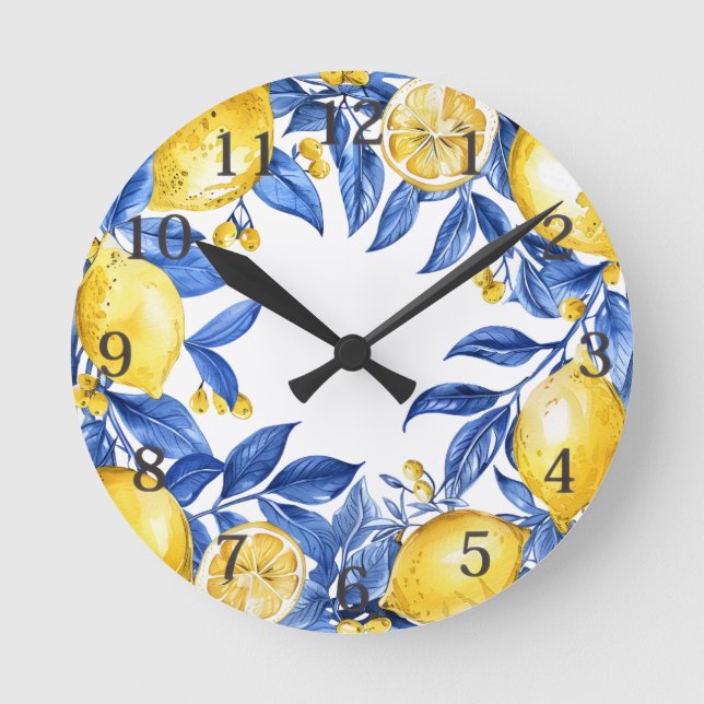 Reloj Redondo Mediano Sicilian Lemon Tiles Pattern Mediterranean Dolce  (Anverso)