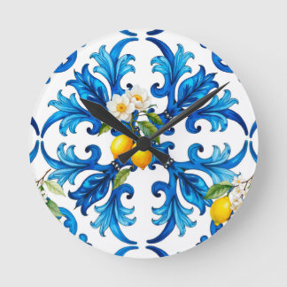 Reloj Redondo Mediano siciliano, verano, limón, mosaico, azul, bufanda,