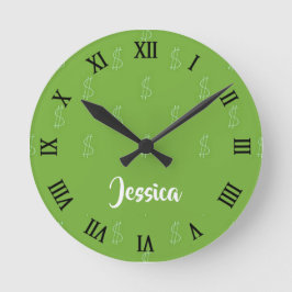 Reloj Redondo Mediano Signo de dólar blanco en verde
