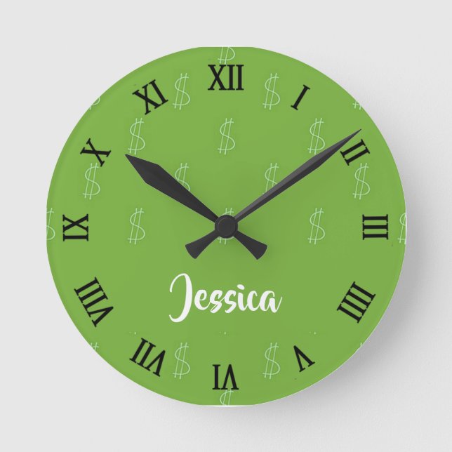 Reloj Redondo Mediano Signo de dólar blanco en verde (Anverso)
