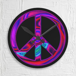 Reloj Redondo Mediano Signo de Paz Psicodélico Negro